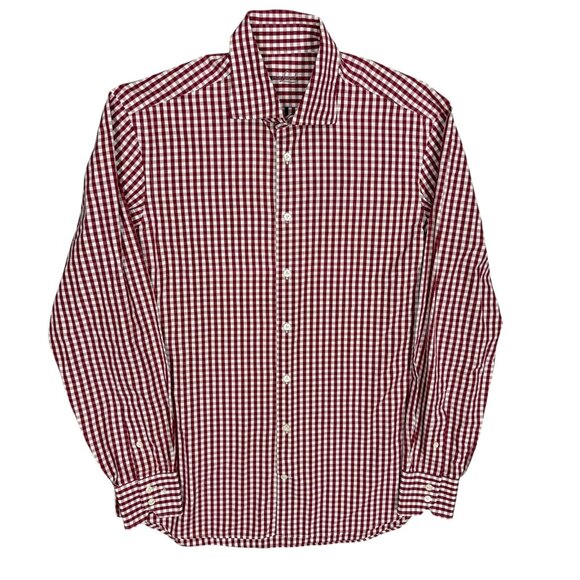 Van Laack Dress Shirt Red White Check Long Sleeve Button Up Cotton Large - Picture 1 of 7